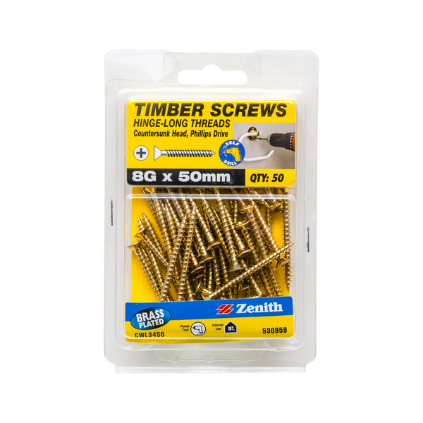 Zenith 8G x 50mm Brass Plated Hinge-Long Thread Countersunk Head Timber Screws - 50 Pack