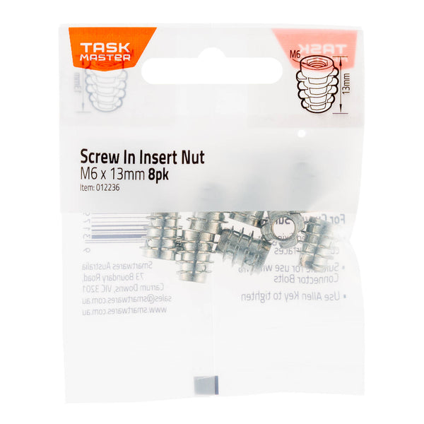 Taskmaster 6 x 13mm Screw In Insert Nut For Curved Surfaces - 8 Pack - 13mm