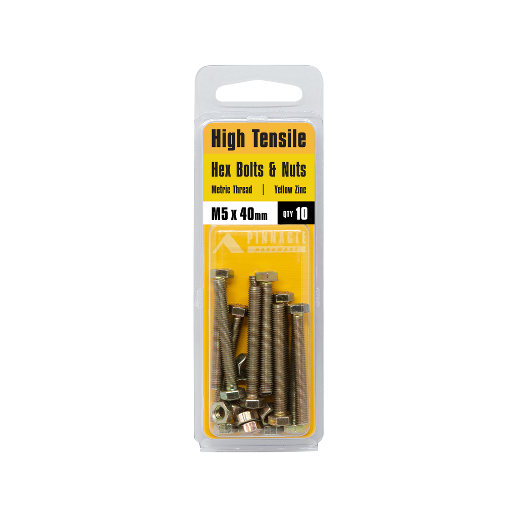 Pinnacle 5 x 40mm Yellow Zinc Hi Tensile Hex Bolt And Nut - 10 Pack - Image 4 of 4