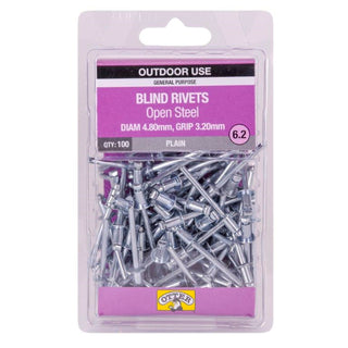 Otter 4.8 x 3.2mm Open Steel Blind Rivets - 100 Pack
