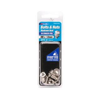 Zenith M6 x 12mm 316 Stainless Steel Mushroom Head Bolt And Nut - 5 Pack