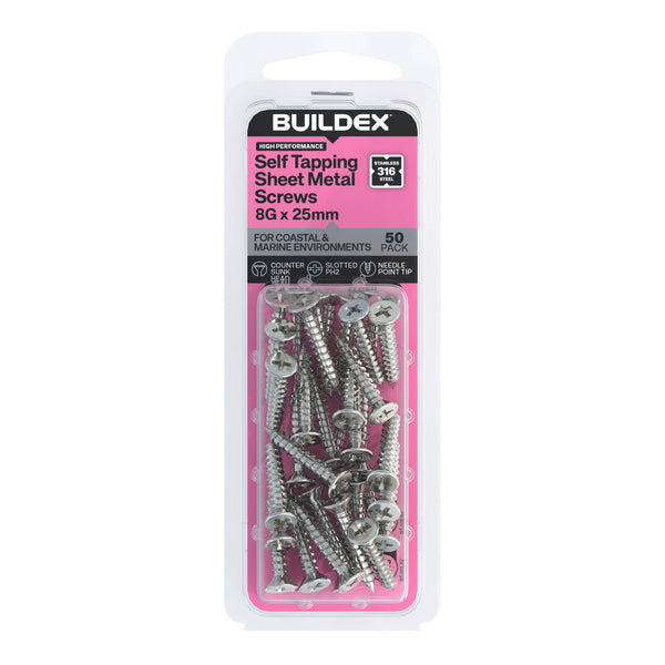 Buildex 8G x 25mm SS316 Self Tapping Sheet Metal Screws - 50 Pack