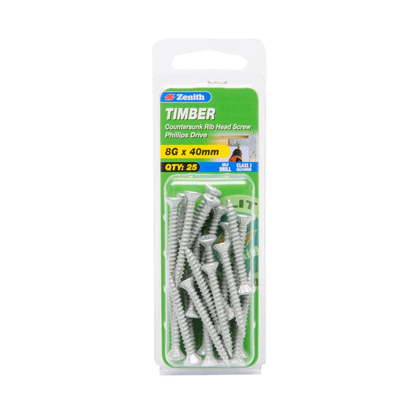 Zenith 8G x 40mm Galvanised Countersunk Rib Head Timber Screws - 25 Pack