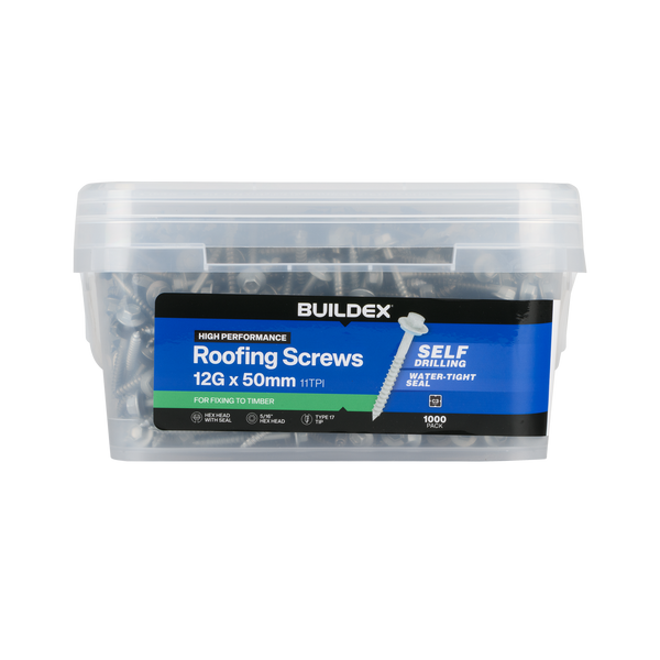 Buildex 12G x 50mm Class 3 Roofing Screws with Seal - 1000 Pack