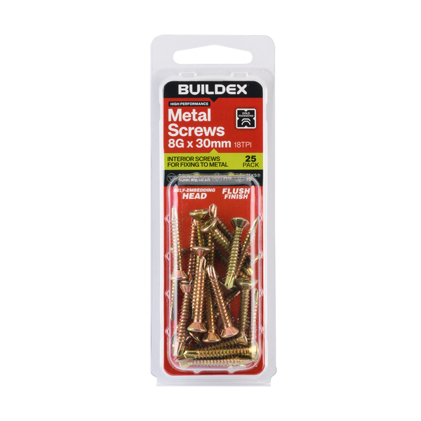 Buildex 8G x 30mm Gold Passivated Sheet Metal Screws - 25 Pack
