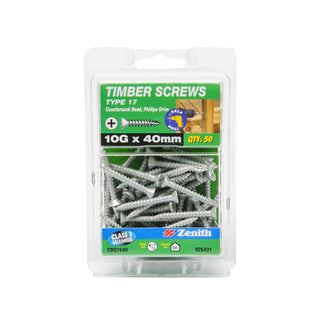 Zenith 10G x 40mm Galvanised Type 17 Countersunk Head Timber Screws - 50 Pack