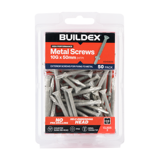 Buildex 10G x 50mm Class 3 Sheet Metal Screws (Countersunk Rib Head) - 50 Pack