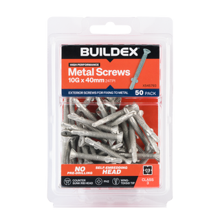 Buildex 10G x 40mm Class 3 Sheet Metal Screws (Countersunk Rib Head) - 50 Pack