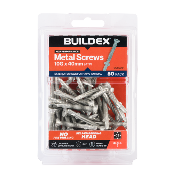 Buildex 10G x 40mm Class 3 Sheet Metal Screws (Countersunk Rib Head) - 50 Pack