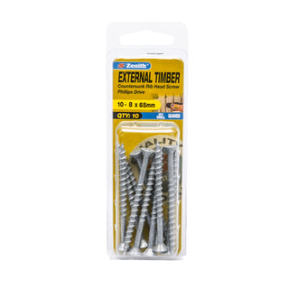 Zenith 10 - 8 x 65mm Galvanised Countersunk Rib Head External Timber Screws - 10 Pack