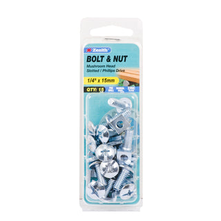 Zenith 1/4" x 15mm Zinc Plated Mushroom Head Bolt And Nut - 15 Pack