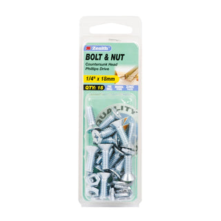 Zenith 1/4" x 18mm Zinc Plated Countersunk Bolt And Nut - 15 Pack