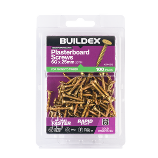 Buildex 6G x 25mm Gold Passivated Plasterboard Screws (Dual Type-17 Tip) - 100 Pack