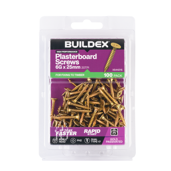 Buildex 6G x 25mm Gold Passivated Plasterboard Screws (Dual Type-17 Tip) - 100 Pack