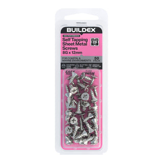 Buildex 8G x 12mm SS316 Self Tapping Sheet Metal Screws - 50 Pack