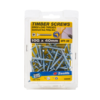Zenith 10G x 40mm Zinc Plated Hinge-Long Thread Countersunk Head Timber Screws - 50 Pack