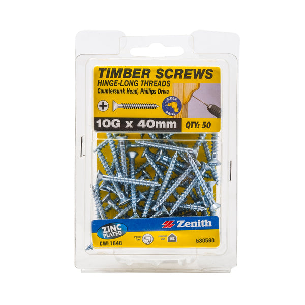 Zenith 10G x 40mm Zinc Plated Hinge-Long Thread Countersunk Head Timber Screws - 50 Pack