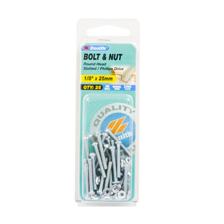 Zenith 1/8" x 25mm Zinc Plated Round Head Bolt And Nut - 25 Pack