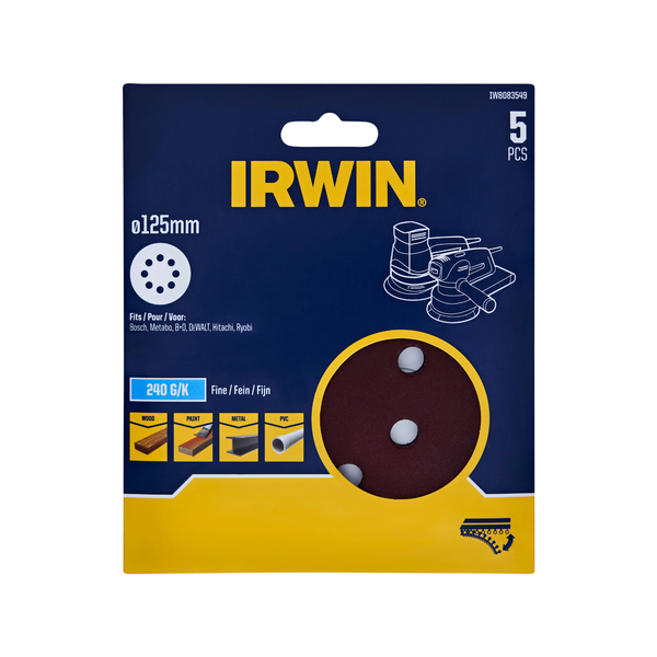 IRWIN 125mm 240 Grit 8 Holes Quick Fit Random Orbital Sanding Discs - 5 Pack
