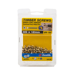 Zenith 4G x 12mm Brass Plated Hinge-Long Thread Timber Screws - 100 Pack