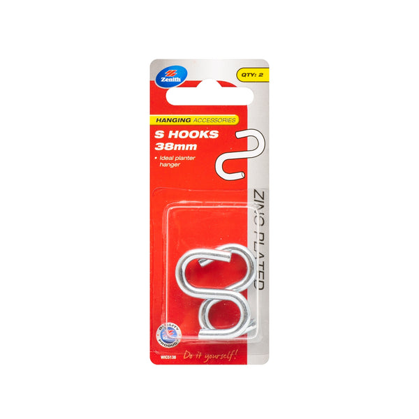 Zenith 38 x 4.3mm Zinc Plated S Hook  - 2 Pack