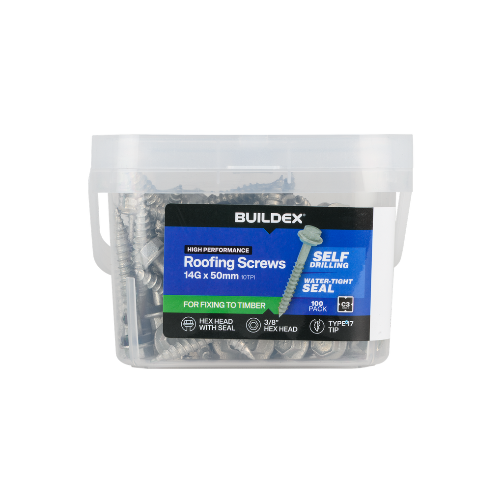 Buildex 14G x 50mm Class 3 Roofing Screws with Seal - 100 Pack - Image 1 of 3