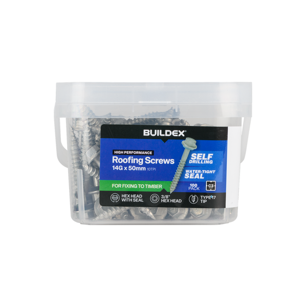 Buildex 14G x 50mm Class 3 Roofing Screws With Seal - 100 Pack