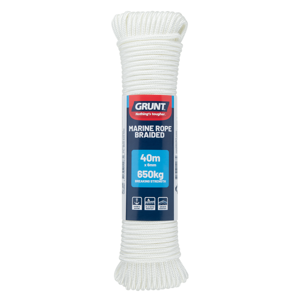 GRUNT 6mm x 40m White Marine Braided Rope