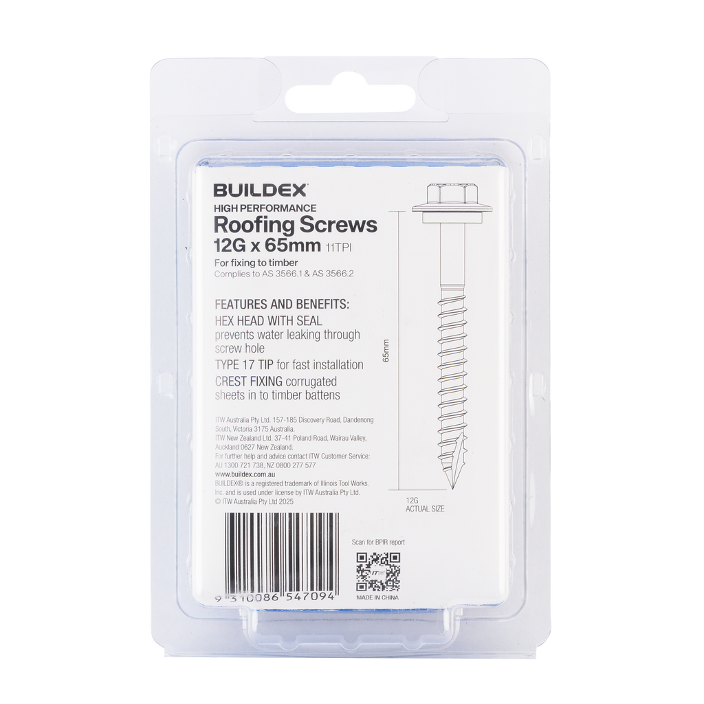 Buildex 12G x 65mm Class 3 Roofing Screws with Seal - 50 Pack - Image 3 of 3