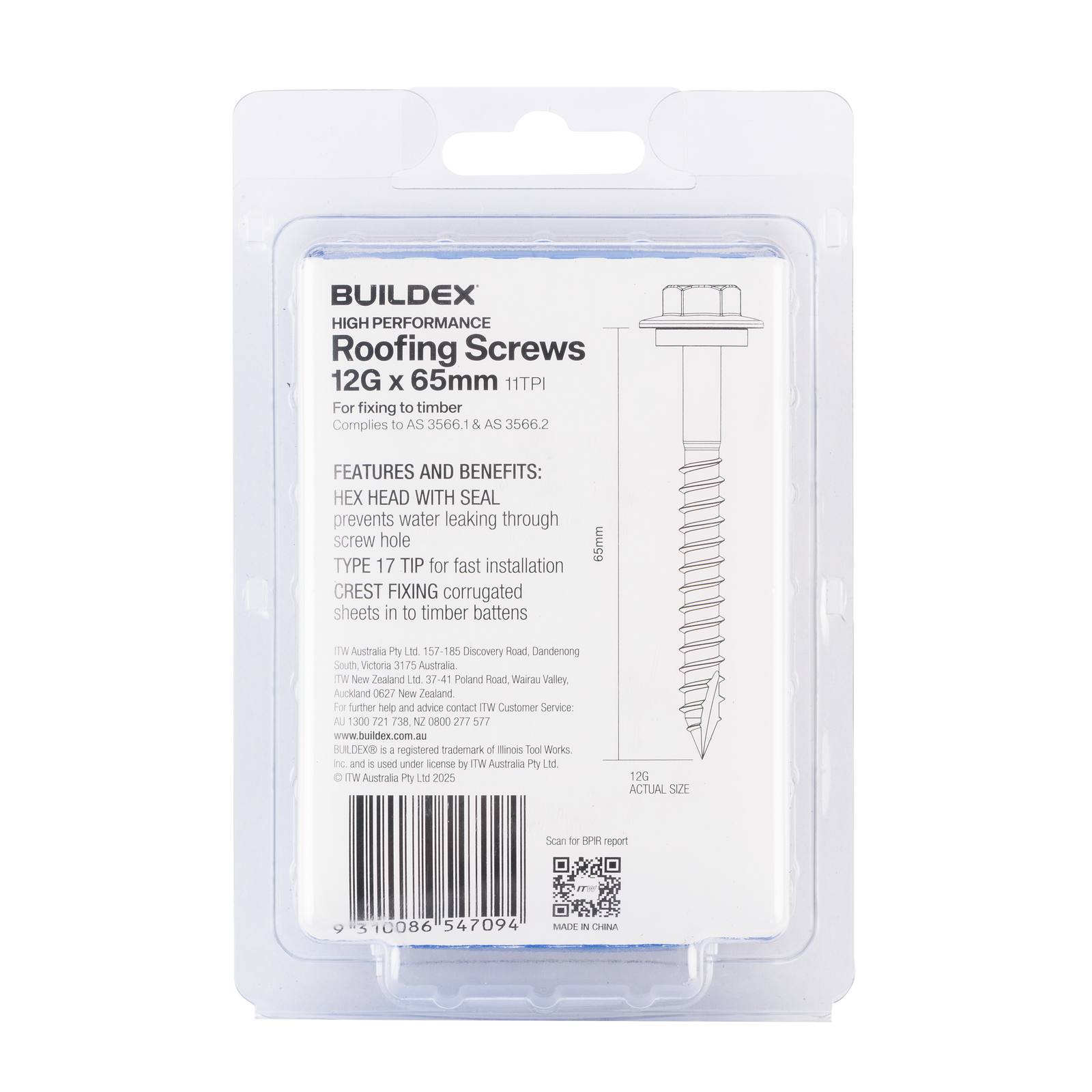 Buildex 12G x 65mm Class 3 Roofing Screws with Seal - 50 Pack - Image 3 of 3