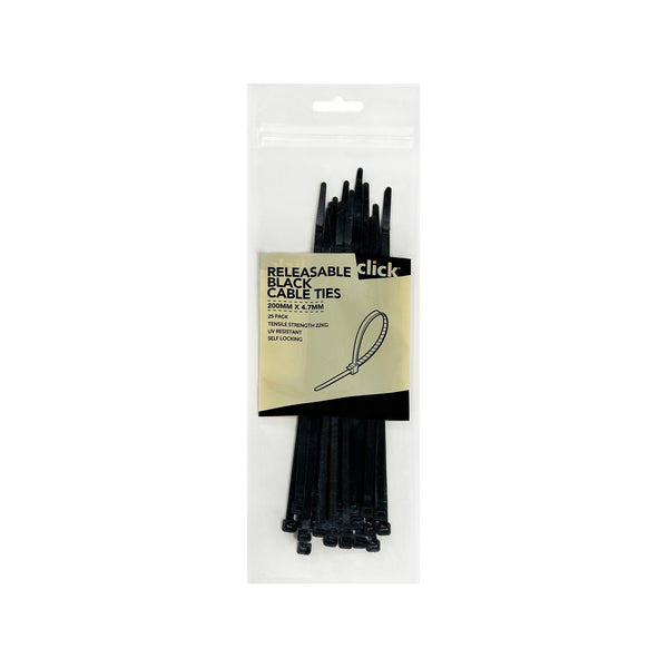 Click 200mm Black Releasable Cable Tie - 25 Pack