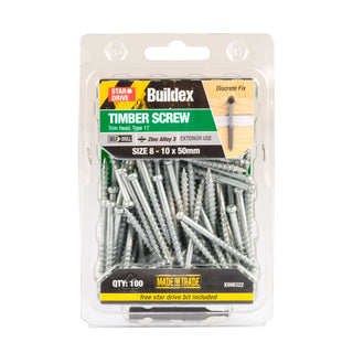 Buildex® 8 - 10 x 50mm Zinc Alloy 3 Trim Head Timber Screw - 100 Pack