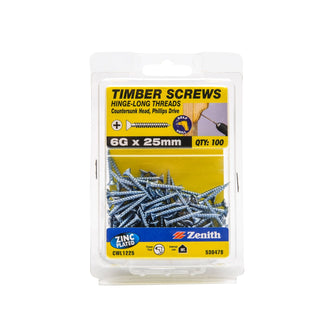 Zenith 6G x 25mm Zinc Plated Hinge-Long Thread Countersunk Head Timber Screws - 100 Pack