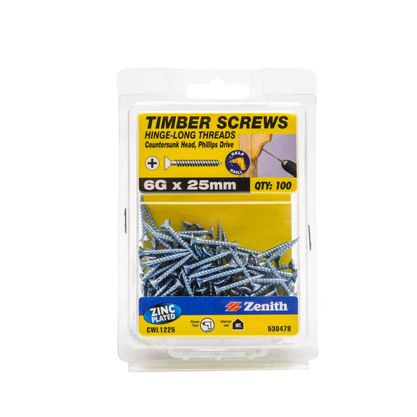 Zenith 6G x 25mm Zinc Plated Hinge-Long Thread Countersunk Head Timber Screws - 100 Pack