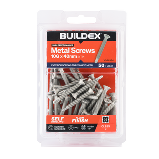 Buildex 10G x 40mm Class 3 Sheet Metal Screws (Countersunk Head) - 50 Pack