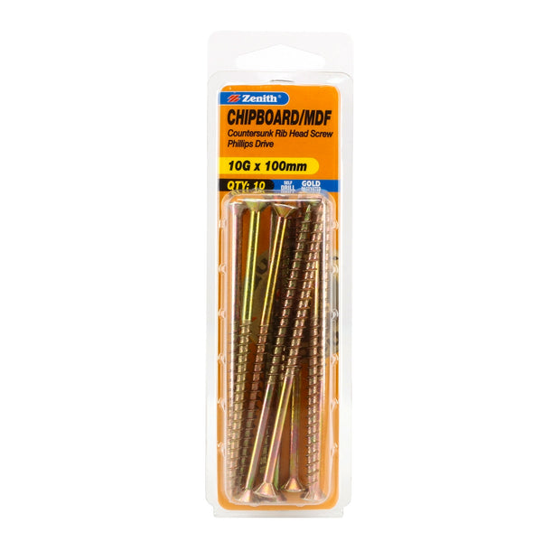Zenith 10G x 100mm Gold Passivated Countersunk Rib Head Chipboard Screws - 10 Pack