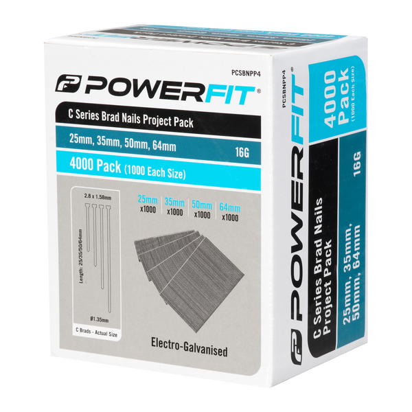 PowerFit C Series Electro-Galvanised Brad Nails Project Pack