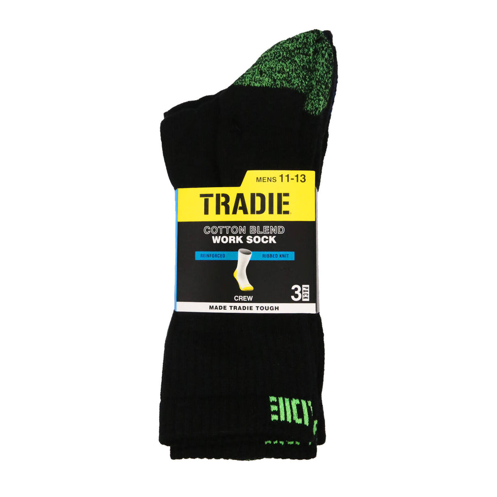 Tradie Men's Black Ribbed Cotton 3 Pack Crew Socks - Size 7-10 - Image 1 of 15