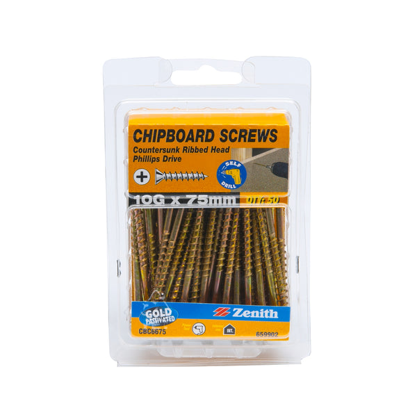 Zenith 10G x 75mm Countersunk Rib Head Chipboard Screws - 50 Pack