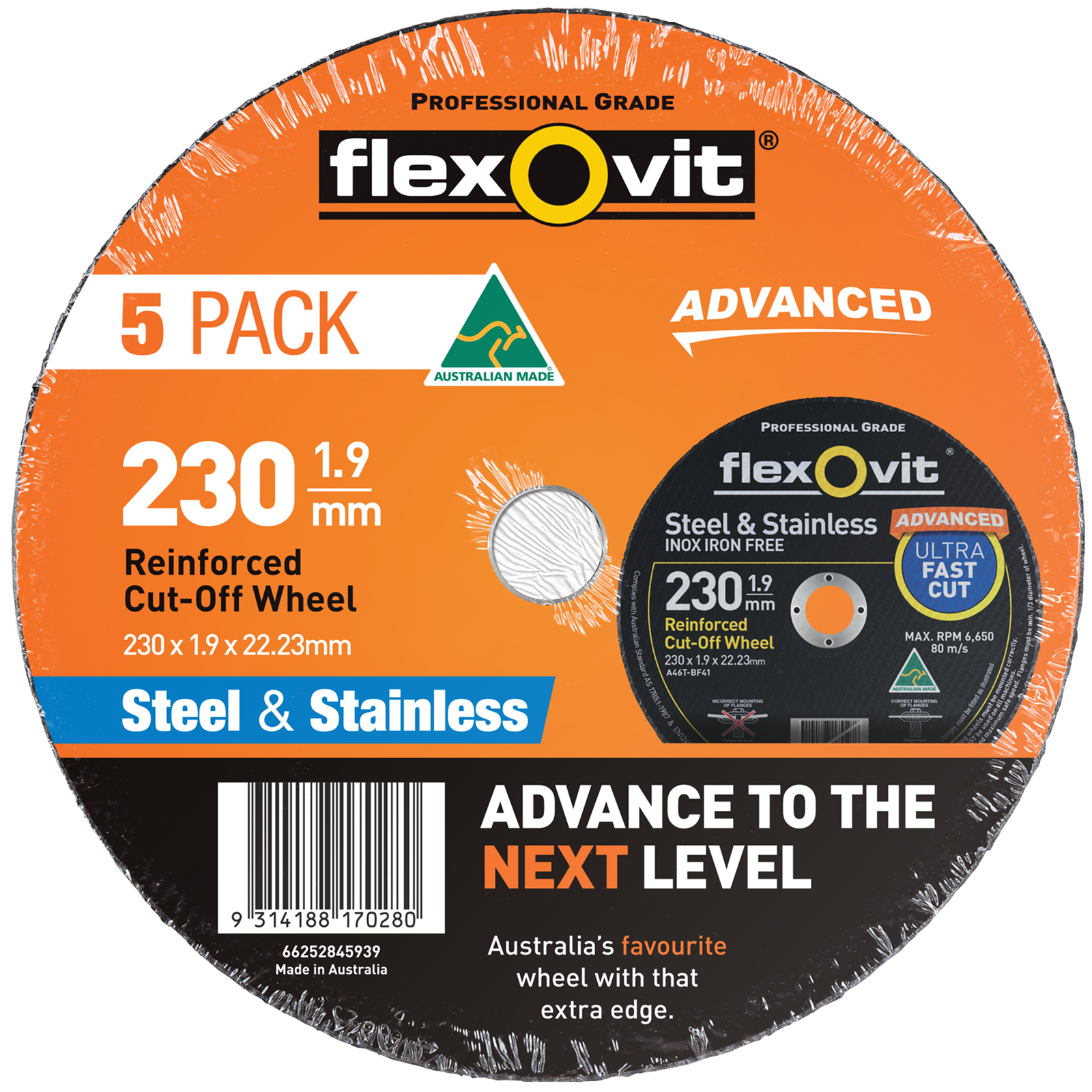 Flexovit 230 x 1.9 x 22.23mm Black Metal Cut Off Wheel - 5 Pack - Image 1 of 1