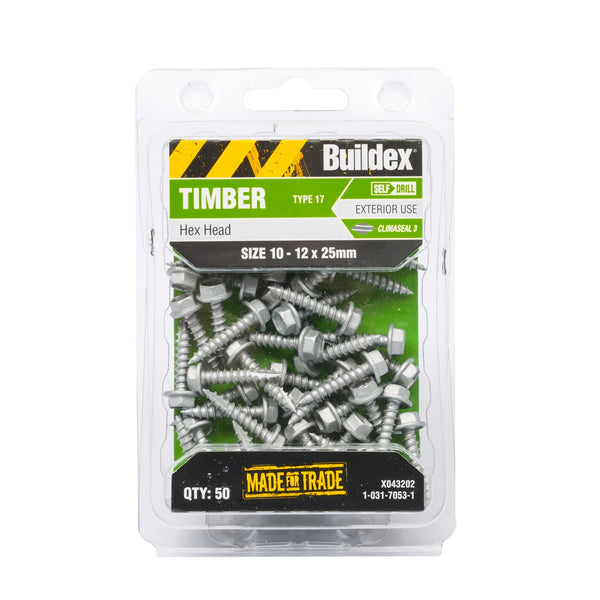 Buildex 10-12 x 25mm Climaseal Hex Head Timber Screws - 50 Pack