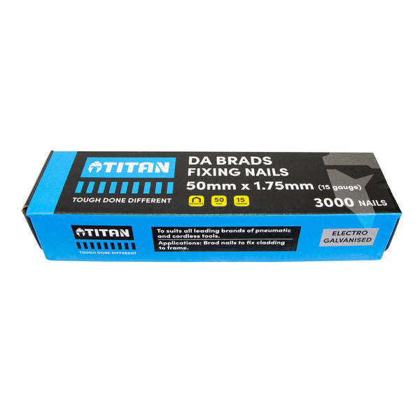 Titan 50 x 1.75mm Electro Galvanised 34 Angled Collated Nail DA Brads - 3000 Pack