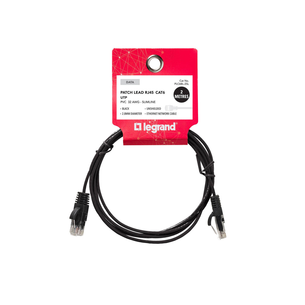 Legrand 2m Black Cat6 RJ45 UTP Slimline Patch Lead - Image 1 of 2