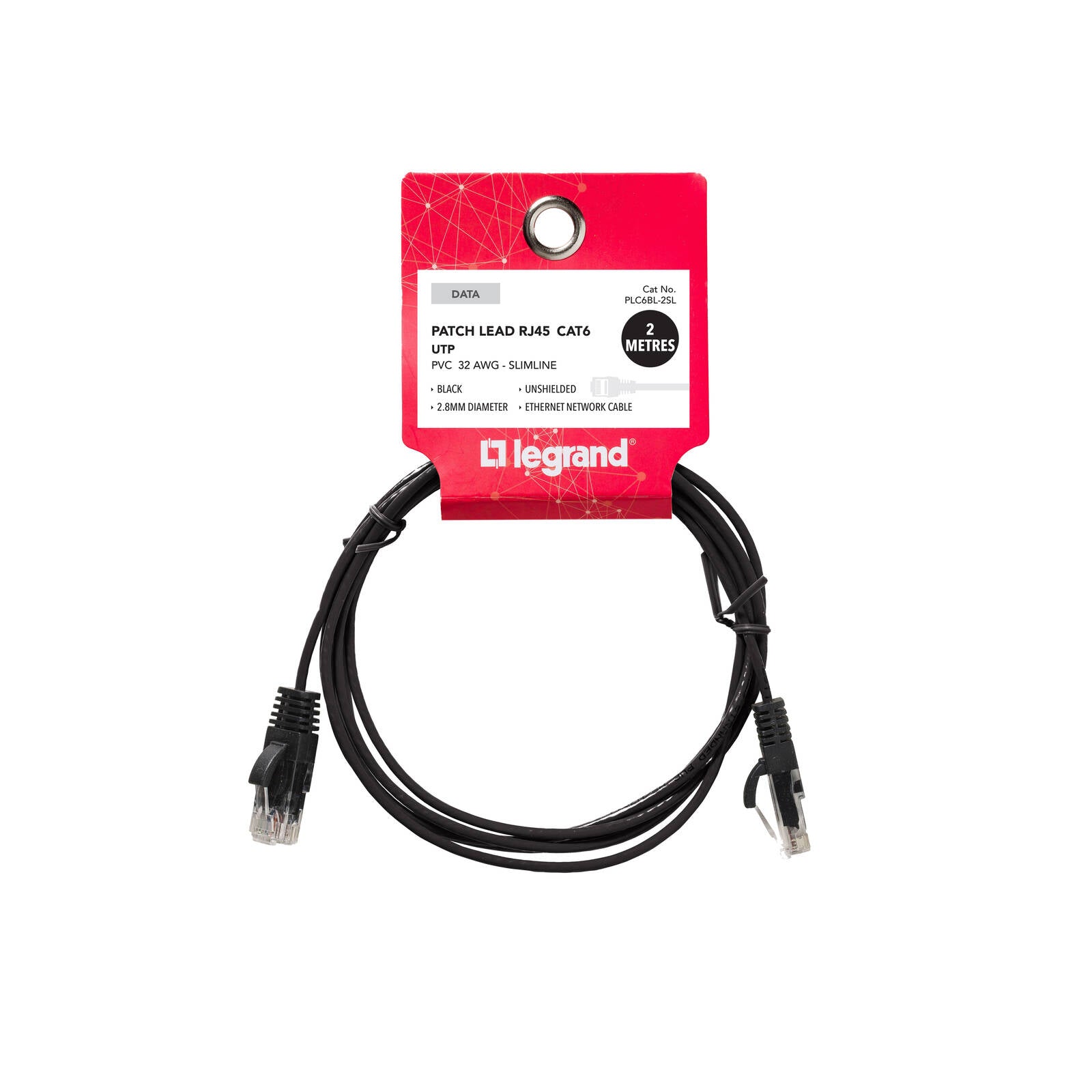 Legrand 2m Black Cat6 RJ45 UTP Slimline Patch Lead - Image 1 of 2