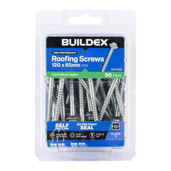 Buildex 12G x 65mm Class 3 Roofing Screws With Seal - 50 Pack