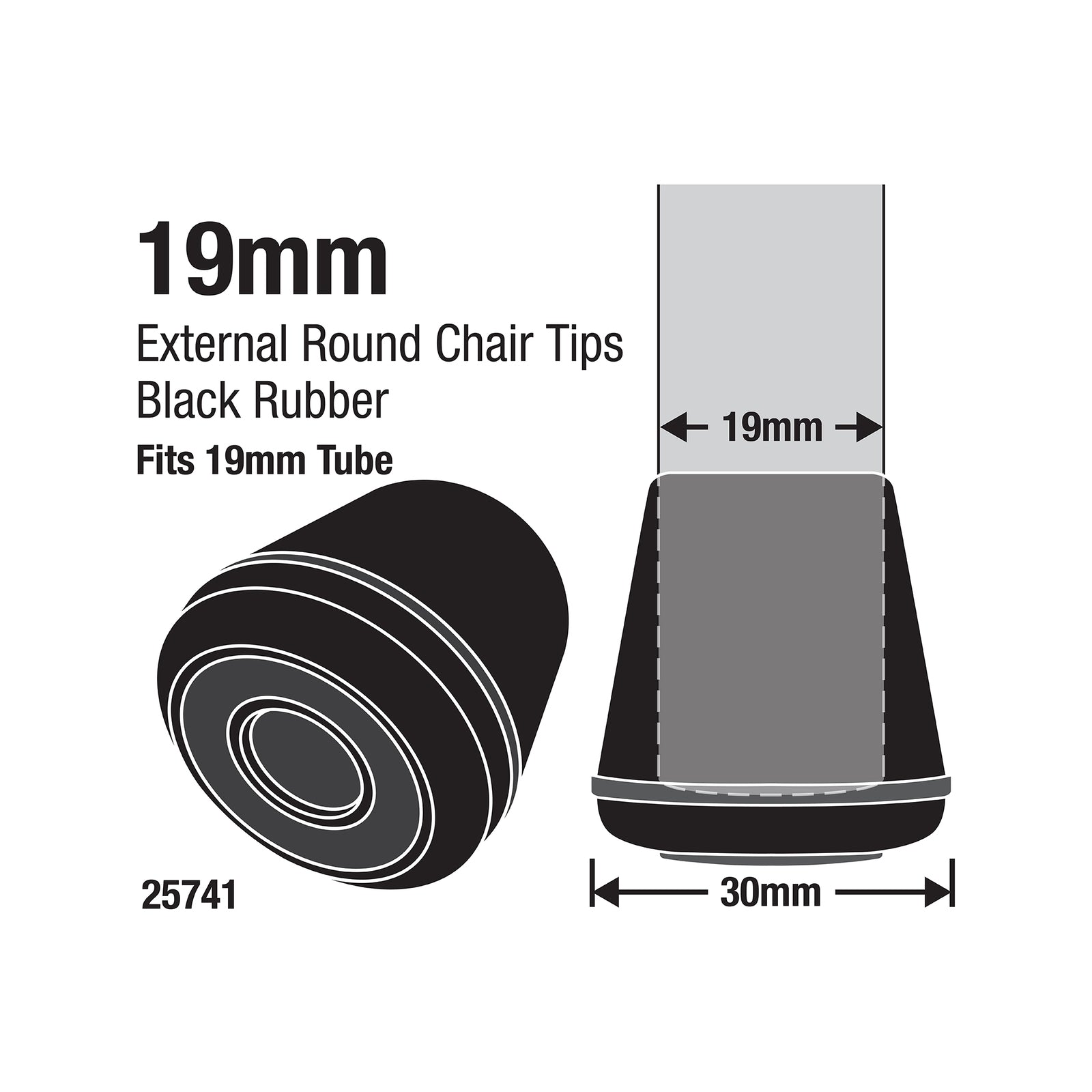 Surface Gard 19mm Black Round External Rubber Chair Tips - 4 Pack - Image 2 of 3