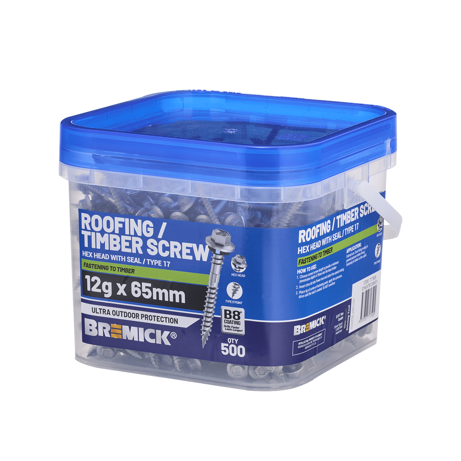 Bremick Hex Roofing Screw 12g x 65mm B8 BOX 500 - Image 1 of 5