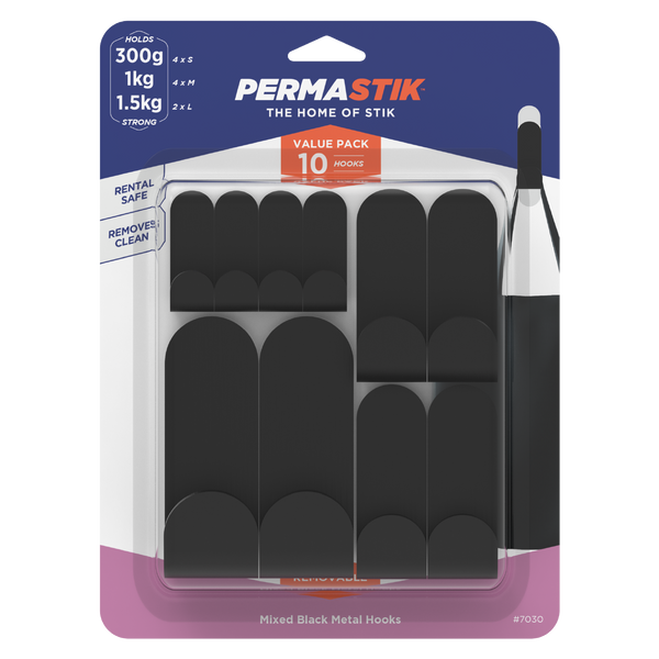 Permastik Black Mixed Metal Hooks - 10 Pack