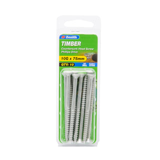 Zenith 10G x 75mm Galvanised Countersunk Head Timber Screws - 10 Pack