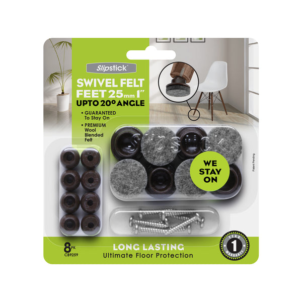 Slipstick 25mm Ultimate Floor Protection Swivel Tap-In Felt Feet - 8Pack